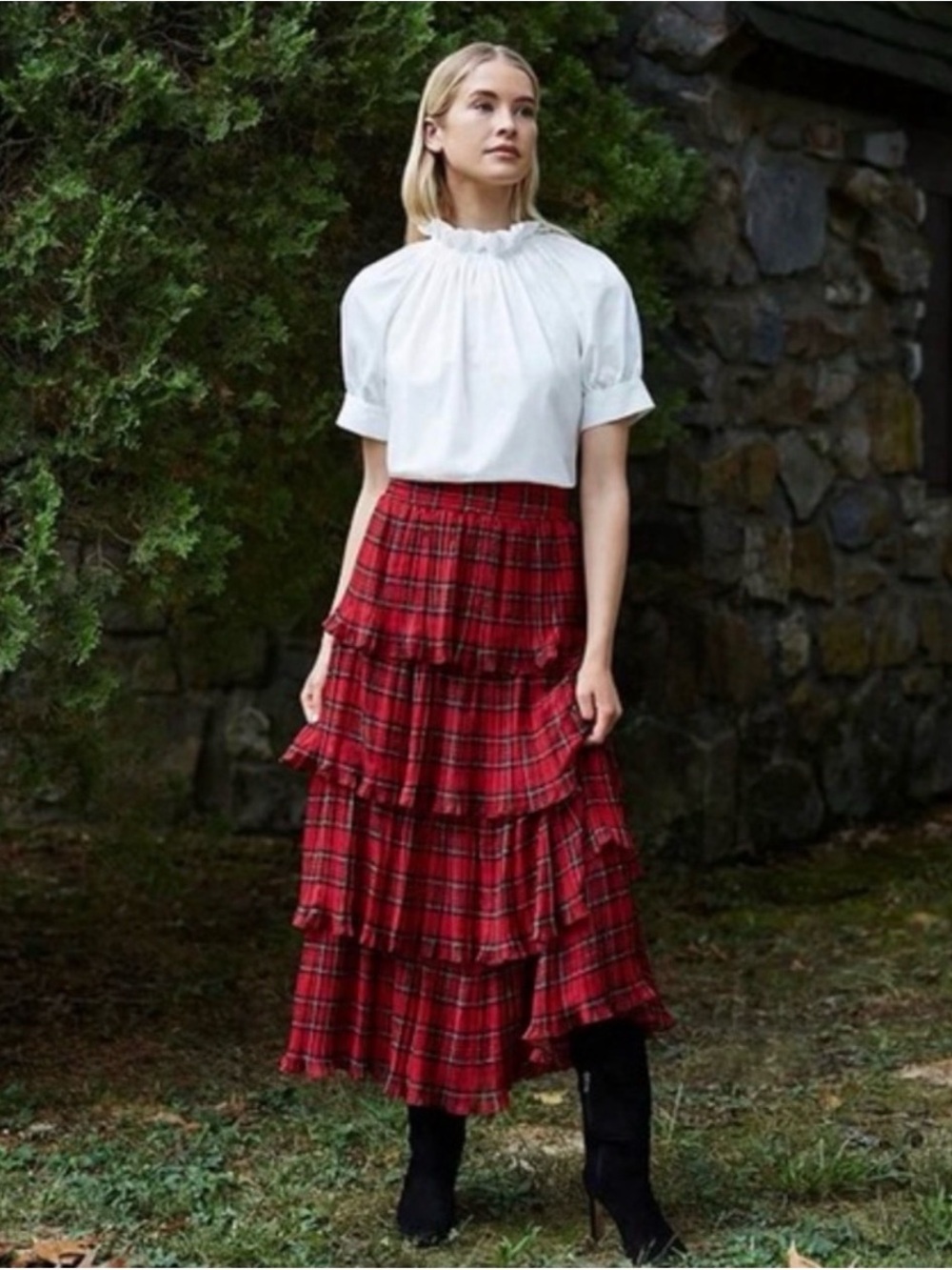 ANTONIO MELANI  Katrina Plaid Print Ruffle Tiered A-Line Midi Skirt